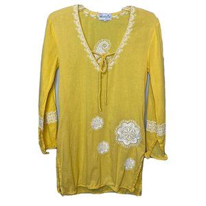 Mud Pie Swim Coverup Tunic Size Small Yellow Embroidered Long Sleeve Bright Vaca